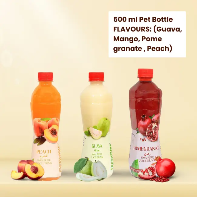 500 ml PET bottle used for beverages in Guava, Mango, Pomegranate, and Peach